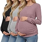 Oakgarden 3 Pack Women's Maternity Shirts Ribbed Long Sleeve Tops Pregnancy Sweaters Crew Neck Knit Side Ruched Tunic Tees