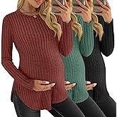 JoyMotion 3 Pack Women's Maternity Shirts, Ribbed Long Sleeve Pregnancy Sweaters Curved Hem Split Side Crew Neck Tunic Tops