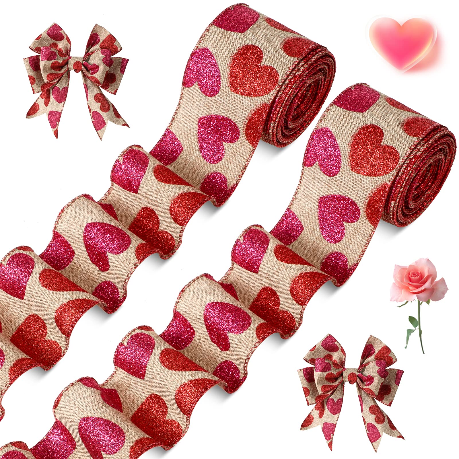 Photo 1 of 2 Roll 20 Yards Glitter Hearts Wired Edge Burlap Valentine Ribbon Valentine‘s Day Wired Ribbon for DIY Gift Wrapping Wreath Crafts Decoration(2.5 in,Natural, Red, Pink)