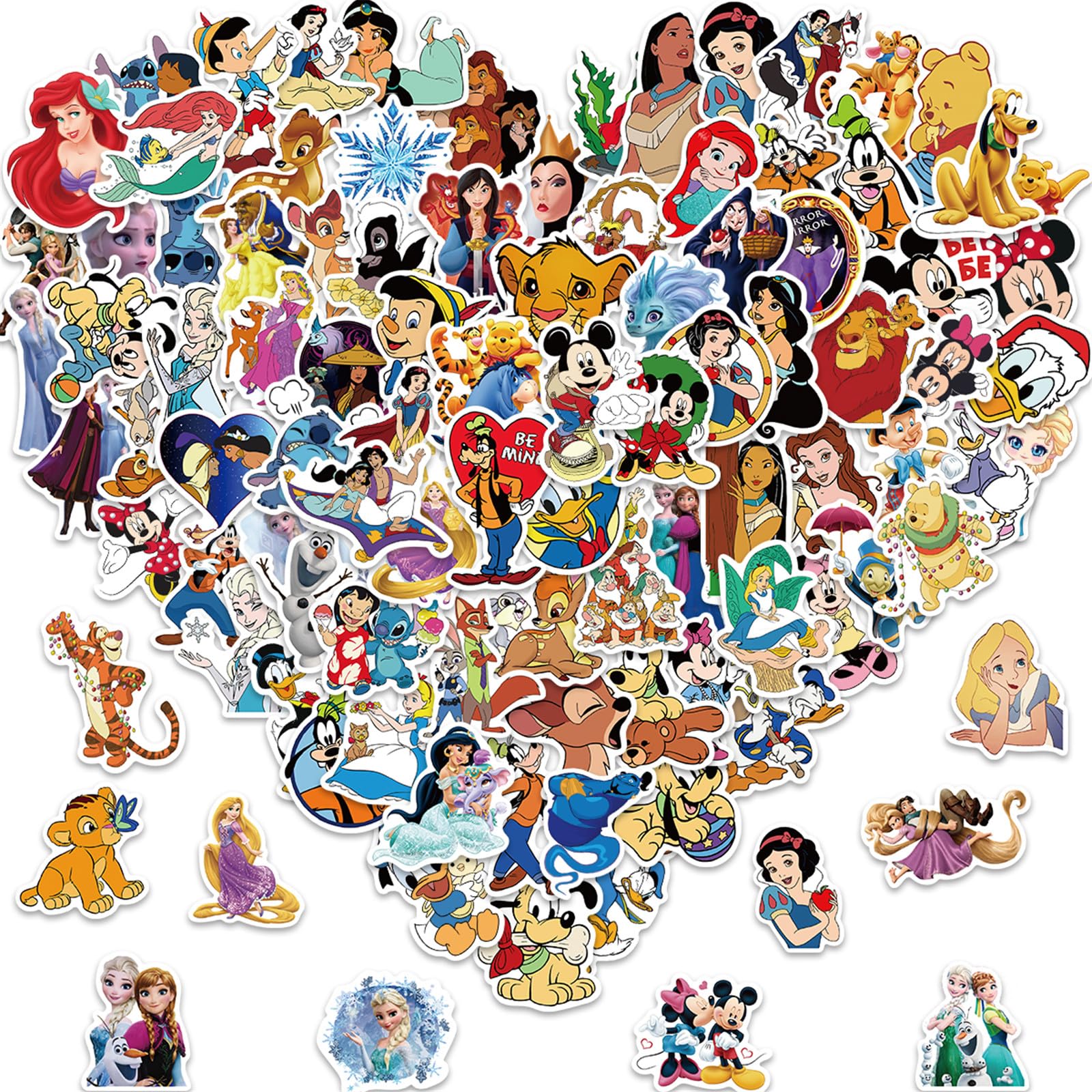 100PCS Cute Cartoon Disney Character Stickers Kids Stickers Pack Cute Cartoon Princess Deals for Kids Teens Waterproof Vinyl Water Bottles Laptop Princess Sticker for Party Décor School Reword for Kid