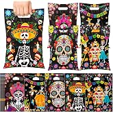 Papiailove 60 Pcs Mexican Party Decorations, 5 Designs Sugar Skull Goodie Bags, Mexican Fiesta Candy Treat Bags with Handles for Halloween Trick or Treat, Birthday Carnival Classroom Party Favors