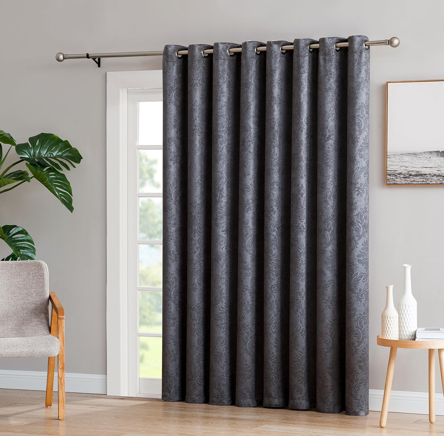 AsaTex Loretta - 1 Embossed Patio Extra Wide Curtain Panel with 16 Grommets - Thermal Weaved Blackout - Noise Reduction Fabric - Ideal for Sliding and Patio Doors (Patio 102 W x 84, Charcoal)