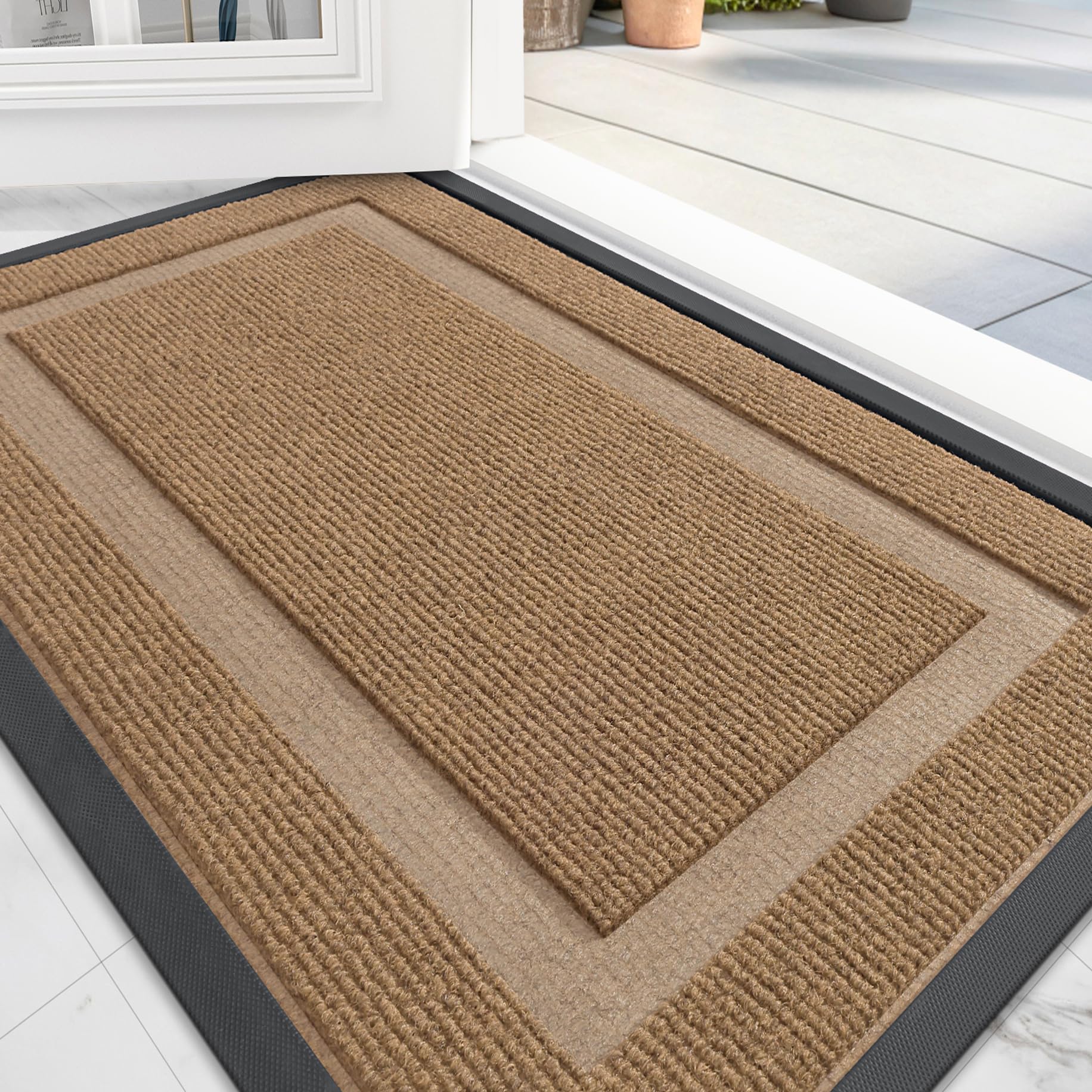 Photo 1 of OLANLY Front Door Mat Indoor Outdoor Entrance, Waterproof All-Season, All-Weather Doormat, Sturdy Natural Rubber, Fade Resistant, Low Profile, Easy Clean Patio Porch Entryway Mat, 47x17, Light Brown