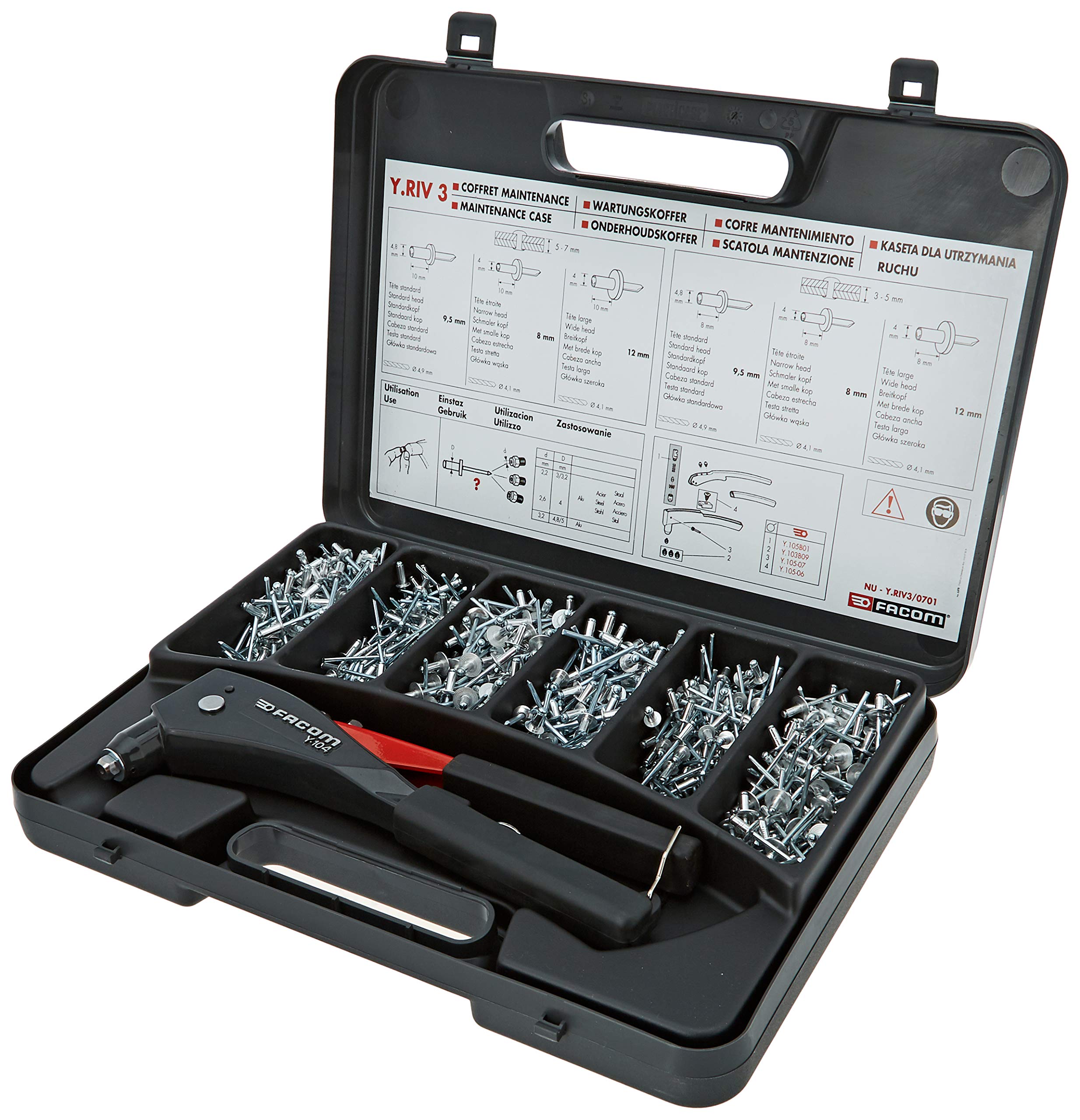 FACOM - Set of Standard and Large Head Aluminum Riveter and Rivet Pliers - Y.RIV3 - Approximately 600 Rivets - Delivered in Box - Suitable for Professional Use - Durable Quality Material