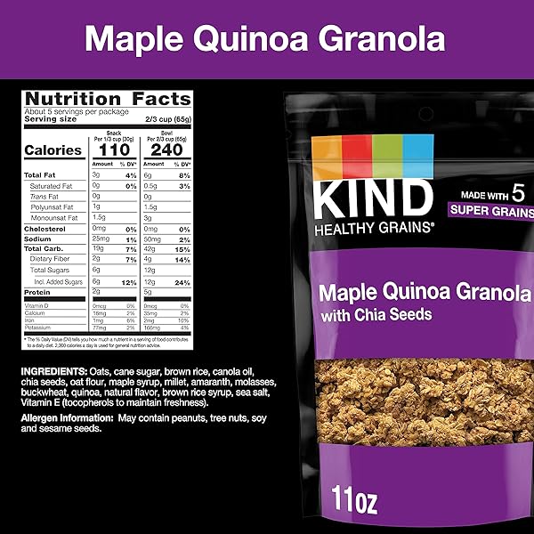 KIND HEALTHY GRAINS CLUSTERS, MAPLE QUINOA WITH CHIA SEEDS, GLUTEN FREE, 11 OUNCE BAG