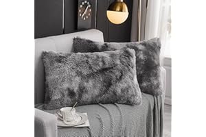 WERDIM Shaggy Fluffy Faux Fur Pillowcases 2 Pack Button Closure Velvet Pillow Shams Standard/Queen Size (Tie Dye Dark Grey, 20 X 26 Inches)