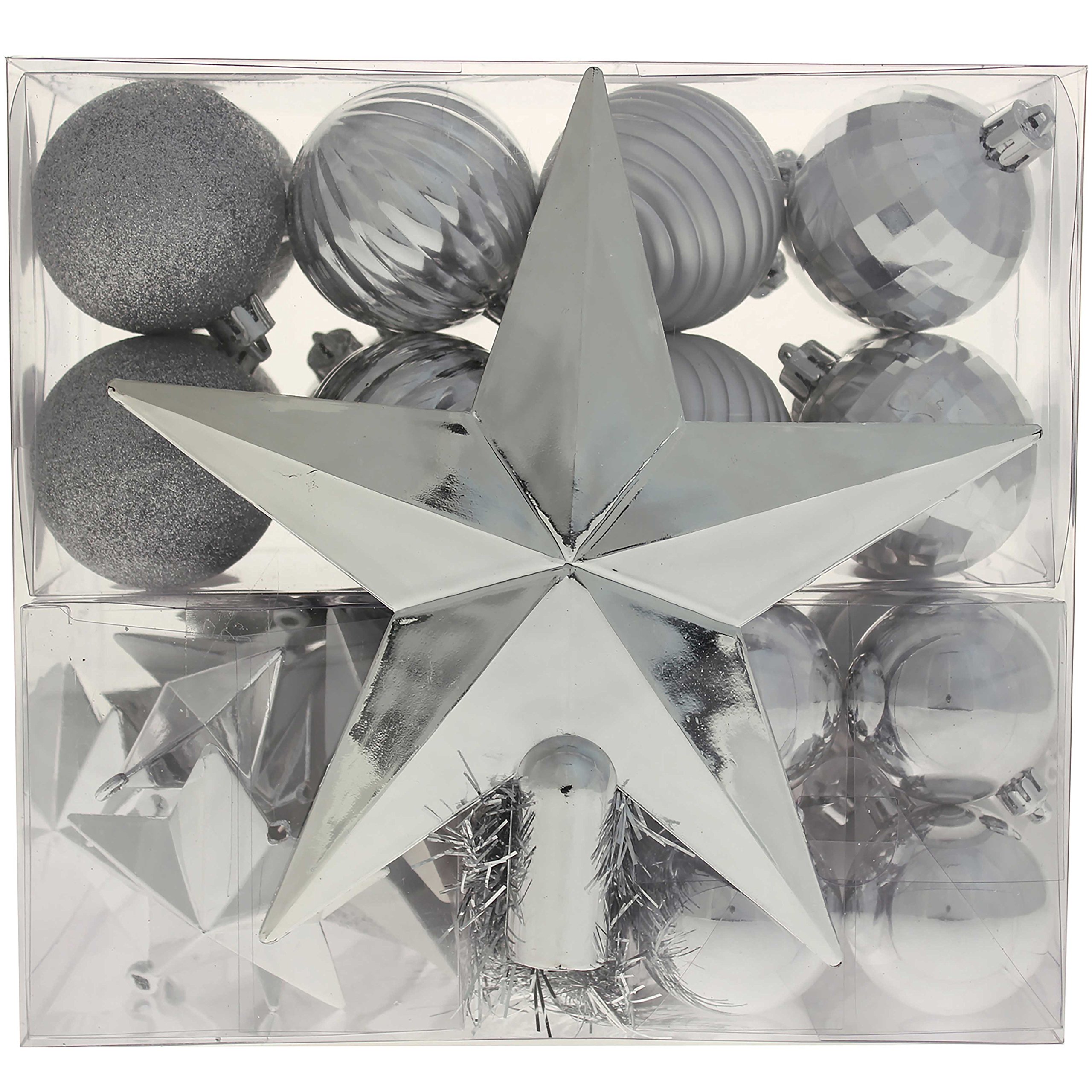 WeRChristmas 42-Piece Shatterproof Baubles Decoration Pack with Tree Topper & Garland - Silver, Silver
