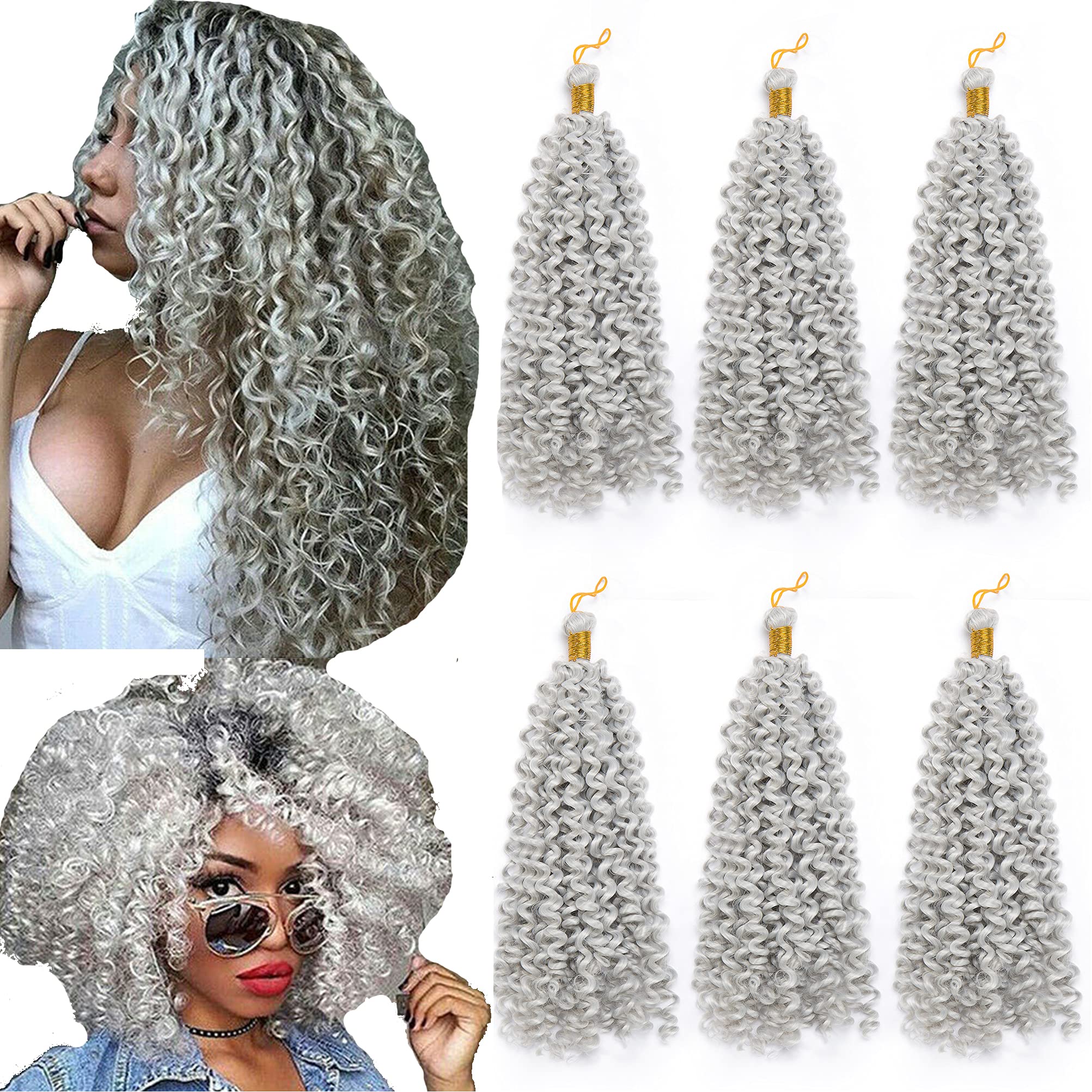 Marlybob Crochet Braids Hair Extension 14 Inch Deep Water Wave Braiding Hair Curly Afro Jerry Curl Marley Bob Twist Braid Hairpiece Synthetic Hair for Women 6 Bundles Silvery Grey