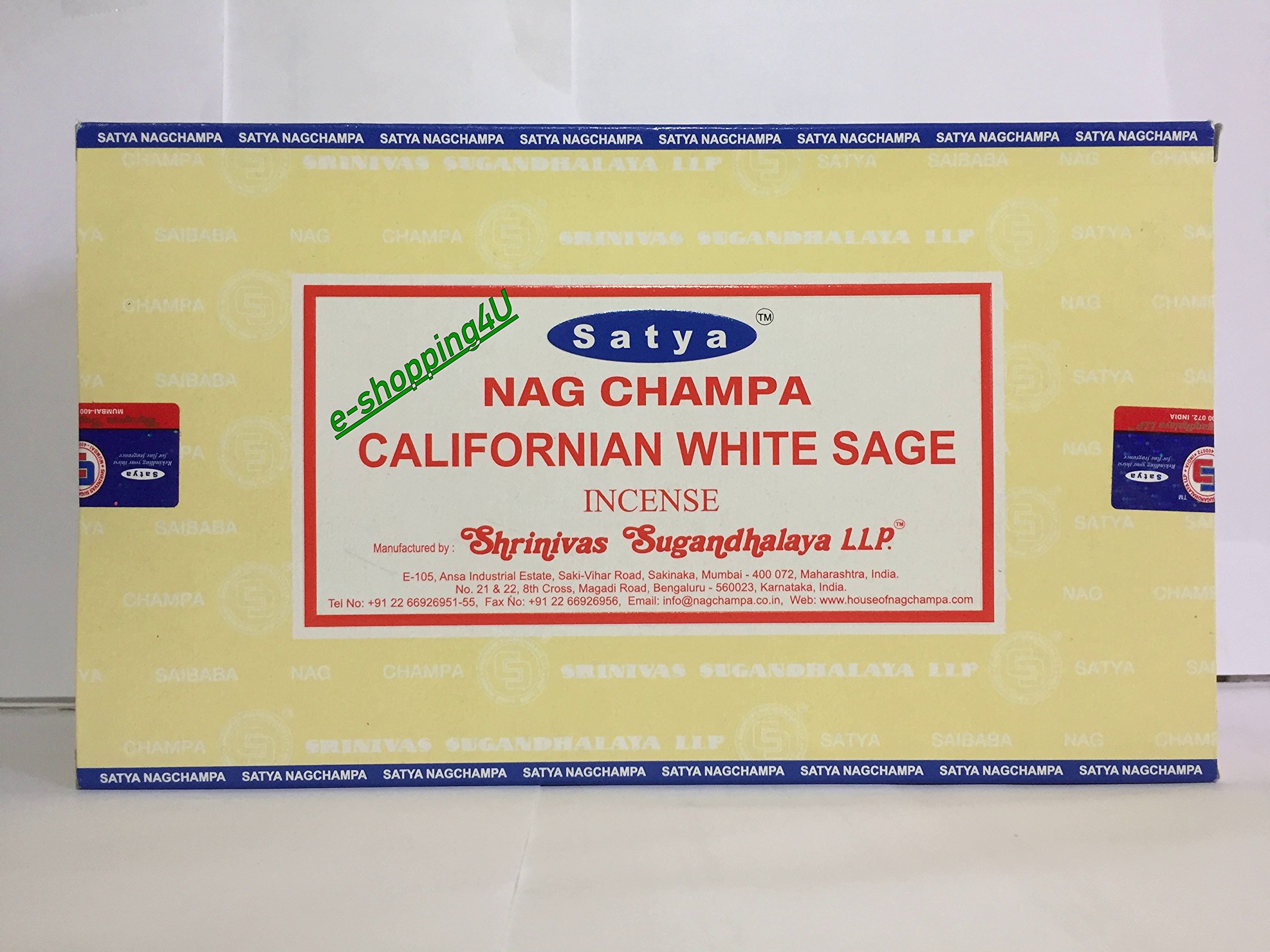 Satya Nag Champa ( CALIFORNIAN WHITE SAGE ) Incense Sticks 12 Packsx 15g