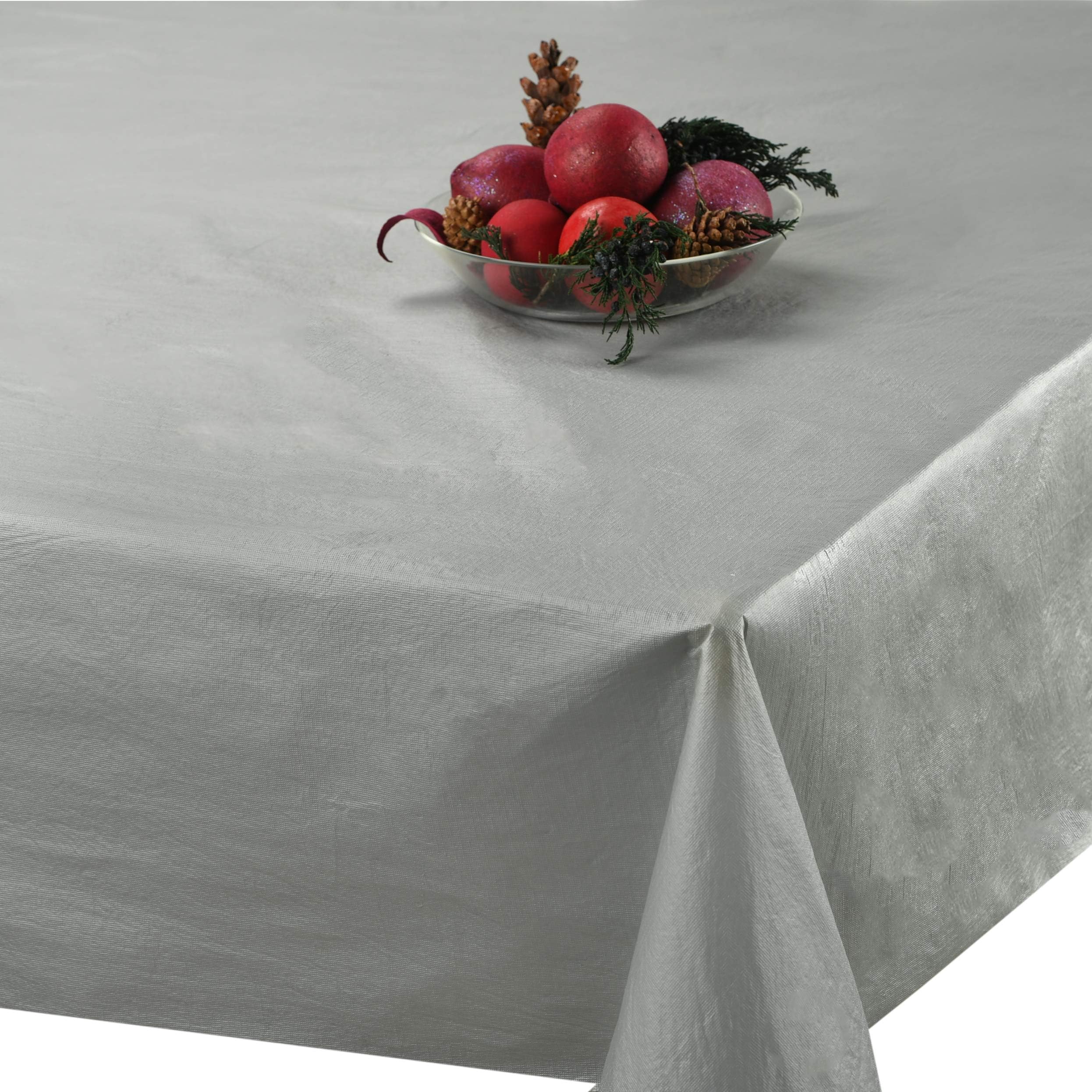 Silver Plastic Tablecloth (6 Pack) | 54” x 108” Flannel Back Disposable Plastic Table Cover for Parties, Weddings, Art Projects | Engineered to Minimize Transparency and Tears
