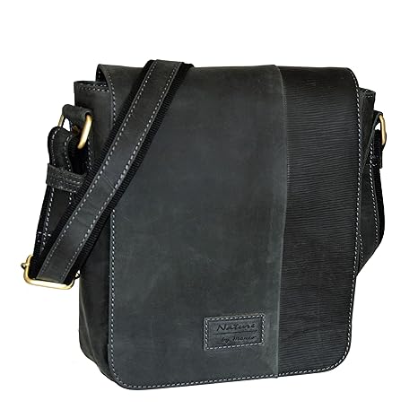 Menzo Umhängetasche aus echten Leder, perfekt als Tablettasche, Cross-Body-Bag (schwarz)