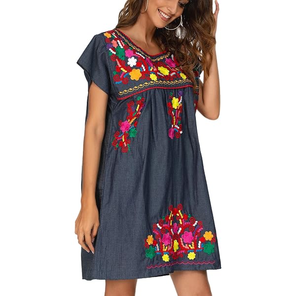 Amazon.com: Melliflo Mexican Dress for Women Short Sleeve Floral  Embroidered Fiesta Dress Loose Linen Peasant Dresses(BL, S) Blue :  Clothing, Shoes & Jewelry