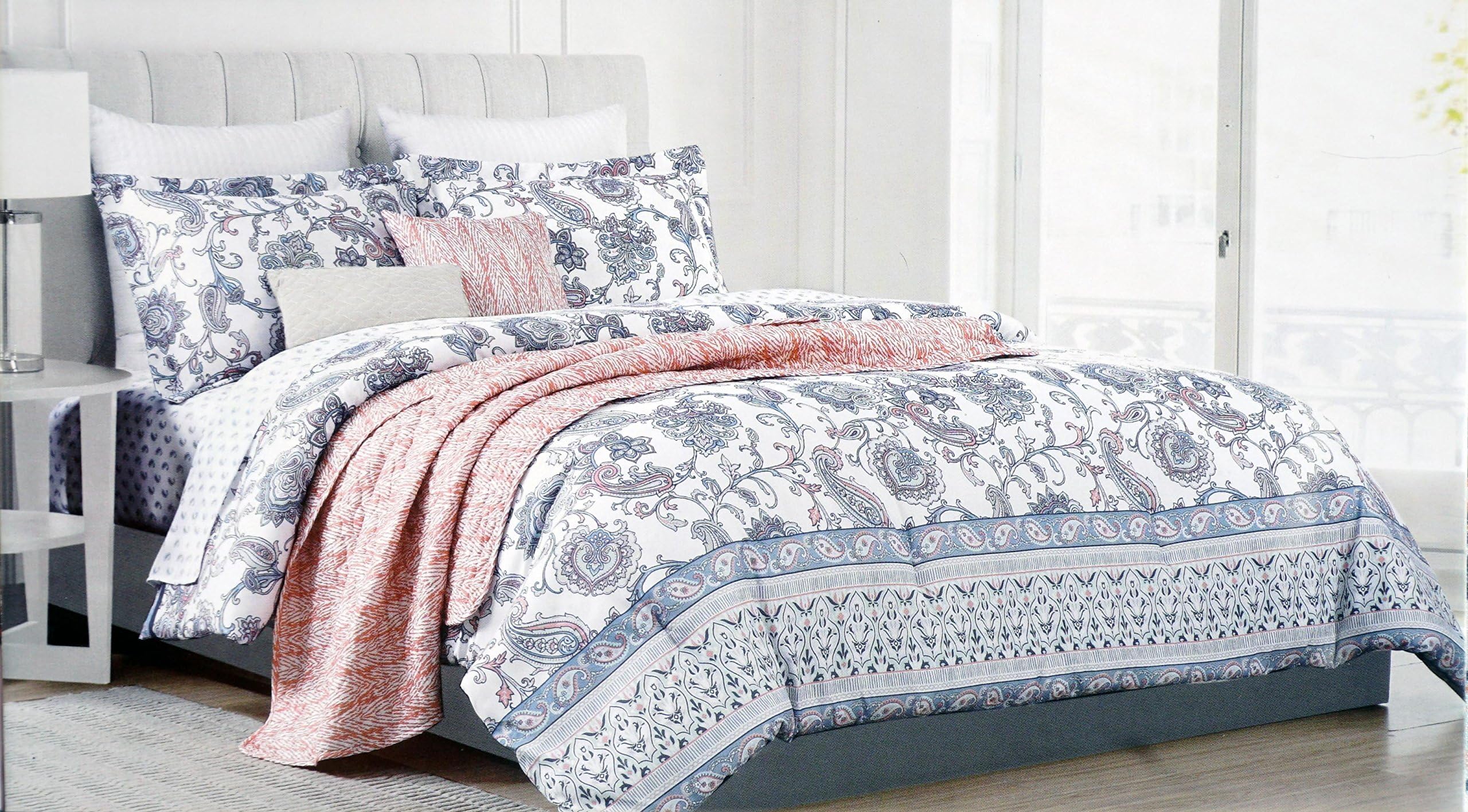 Envogue Bedding 3 Piece King Duvet Cover Set Jacobean Floral Paisley Pattern in Shades of Blue Pink Gray on White