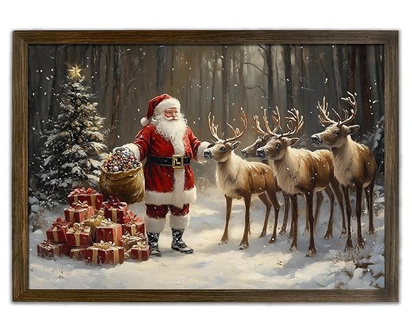 KVTM CHRISTMAS CANVAS FRAMED WALL ART, VINTAGE SANTA...