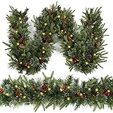 Christmas Garland Prelighted 9ft with 50 Lights, Christmas Decor with 50 Light Pine Cone Red Berries Timer for Mantle Staircase Indoor and Outdoor
