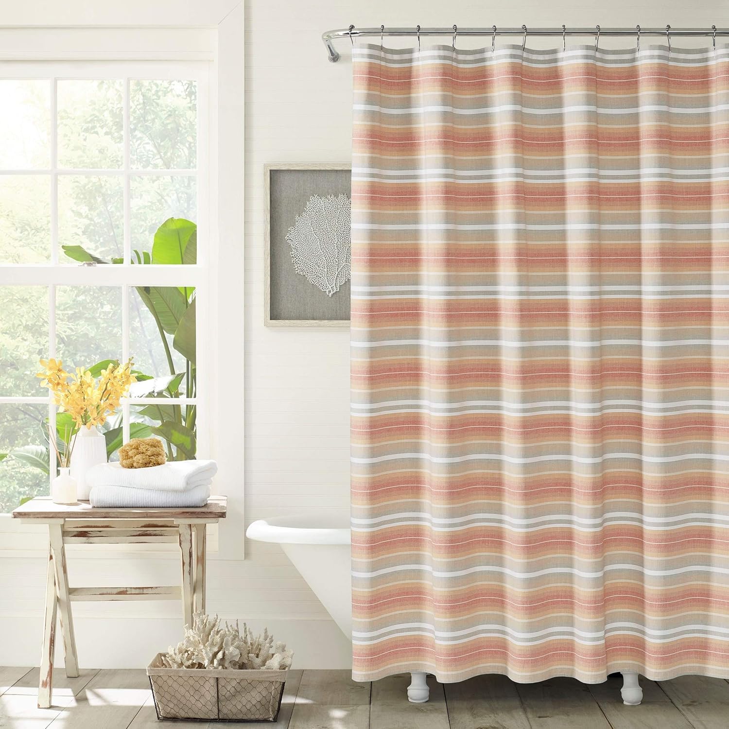 Amazon Com Misc Orange Stripe Shower Curtain Sunrise White Coral
