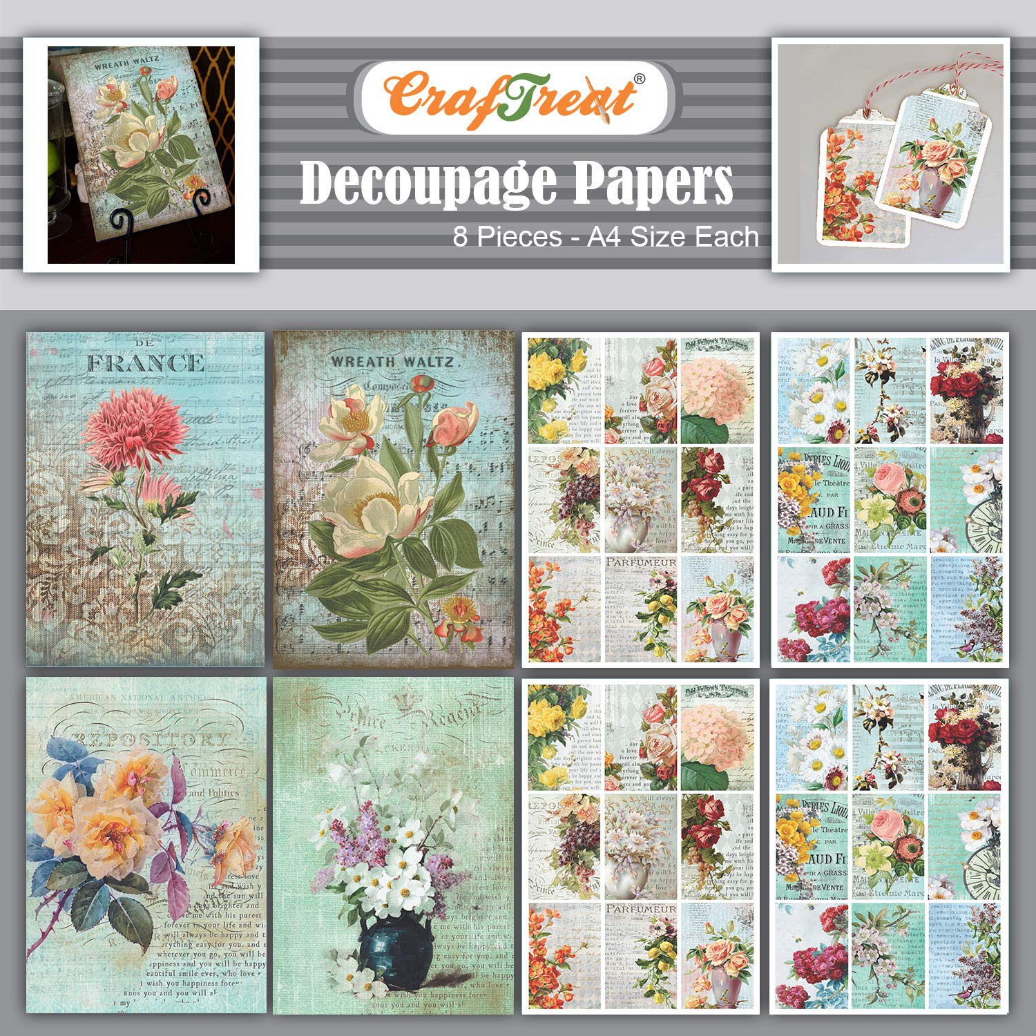 CrafTreat Reusable Floral Decoupage Paper for Crafts - Flower and Mini Florals - Size: A4 (8.3 x 11.7 Inch) 8 Pcs - Furniture Decoupage Paper Floral - Decoupage Paper for Scrapbooking