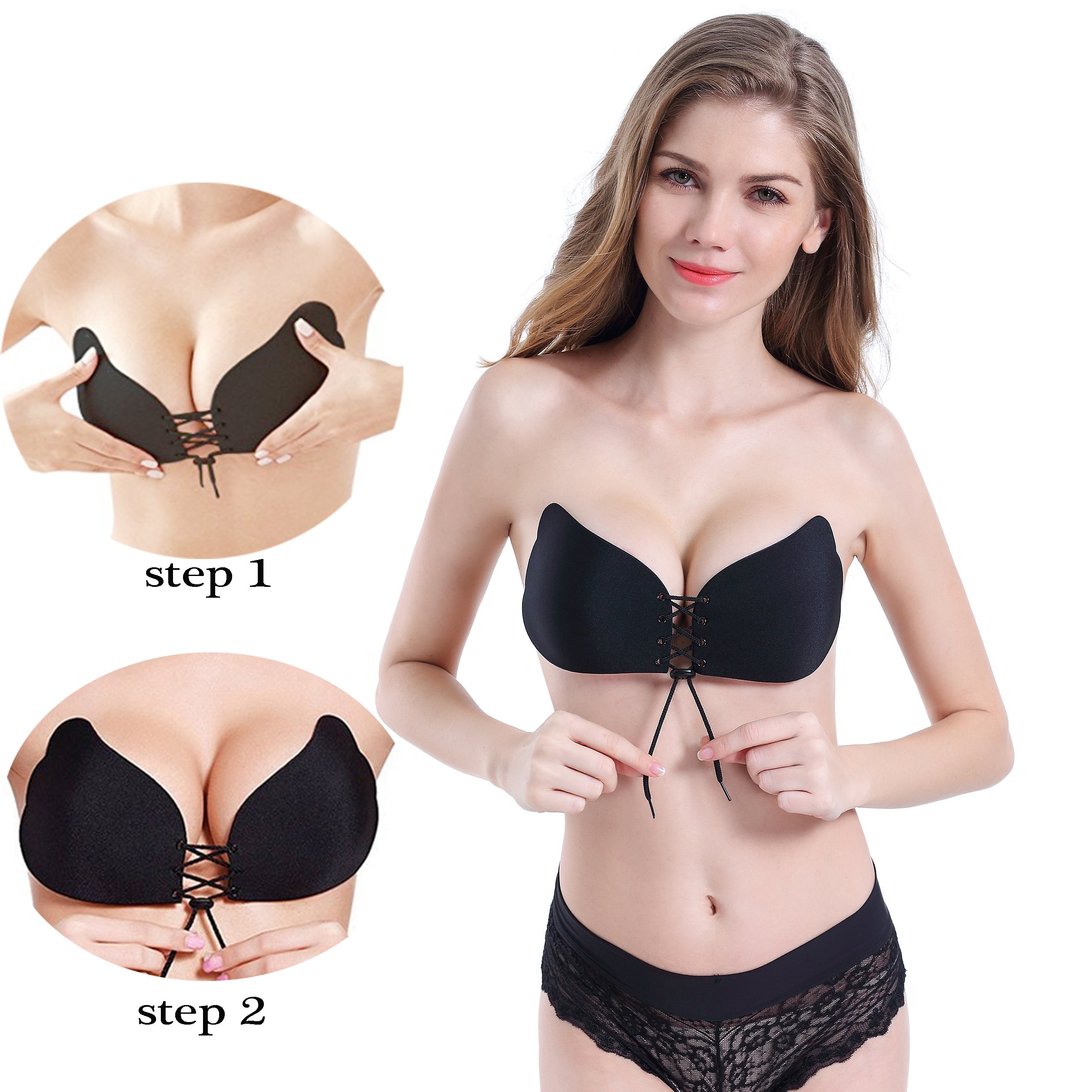 HouNa Self Adhesive Bra,Backless Strapless Invisible Lift Push-up Bra with Drawstring for Woman(2 Pack Black and Beige)