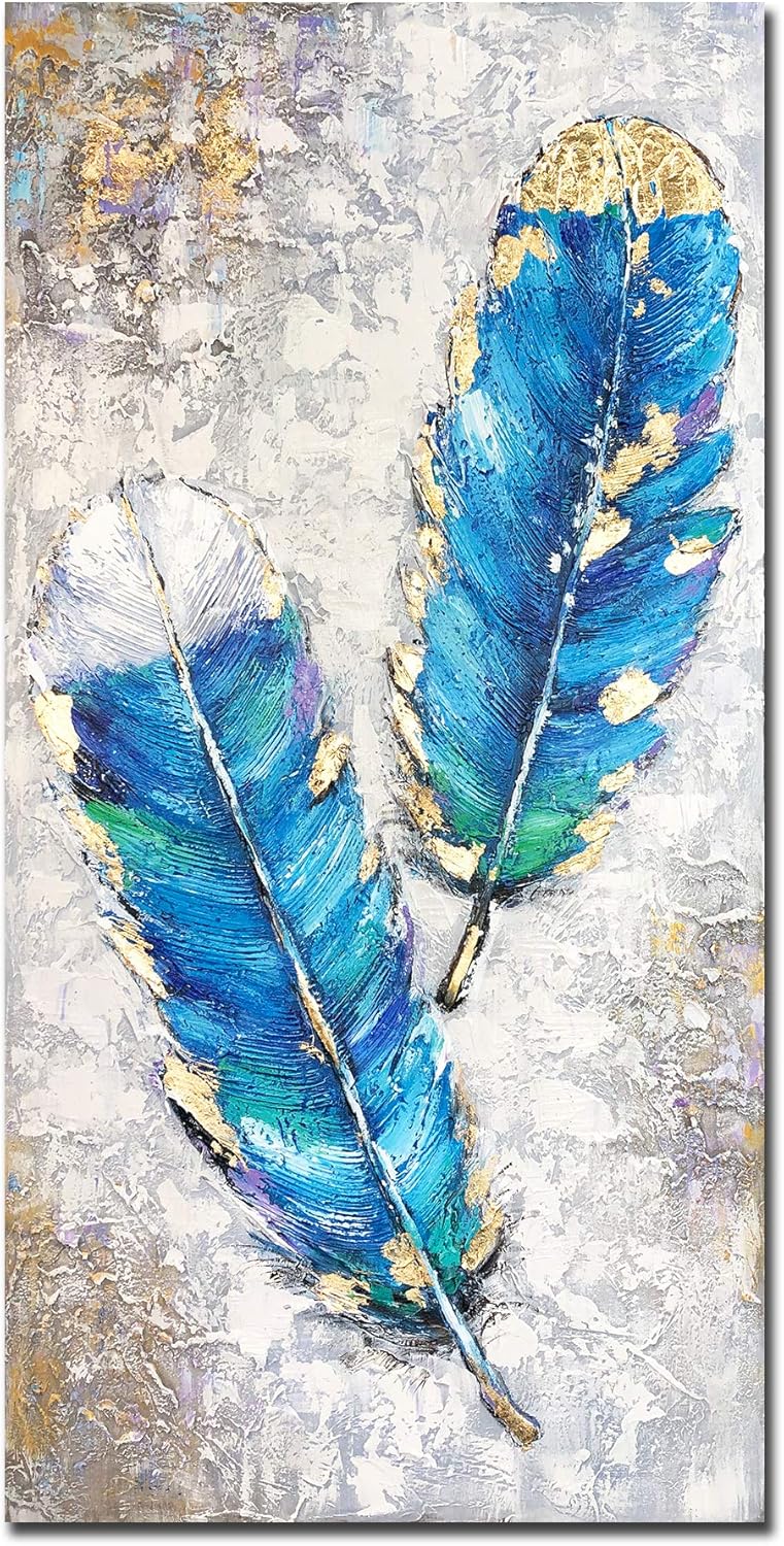 Paintings - Yotree Paintings,24x48 Inch Blue Feather Oil Hand Painting 3D Hand-Painted On Canvas Abstract Artwork Art Wall Decoration Abstract Painting for livingroom