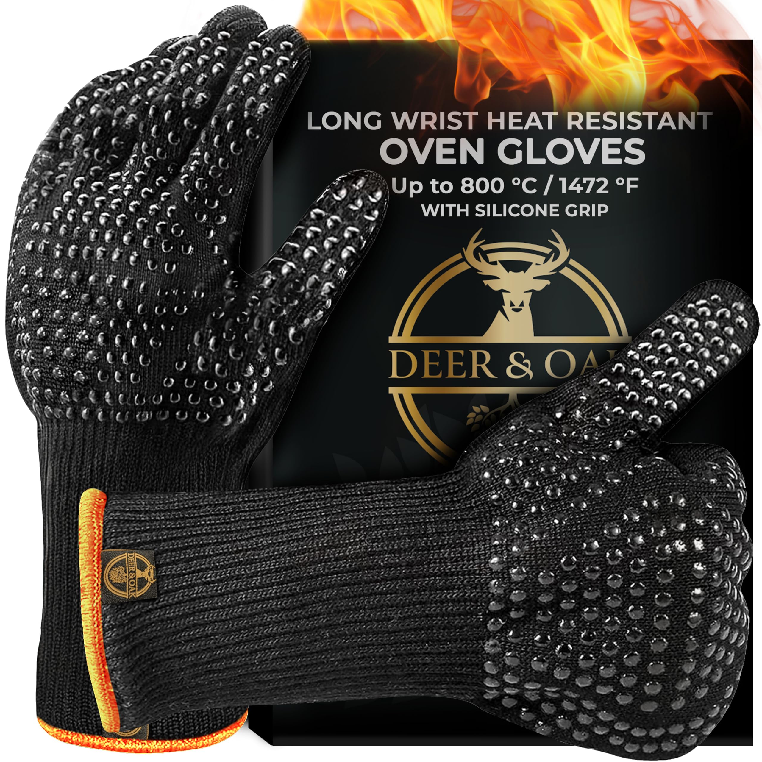Deer & Oak Long Wrist Heat Resistant Non Slip Oven Mitts - Up to 800°C / 1472°F Heatproof BBQ Gloves with Silicone Grip, Oven Gloves for Grilling, Cooking, Baking