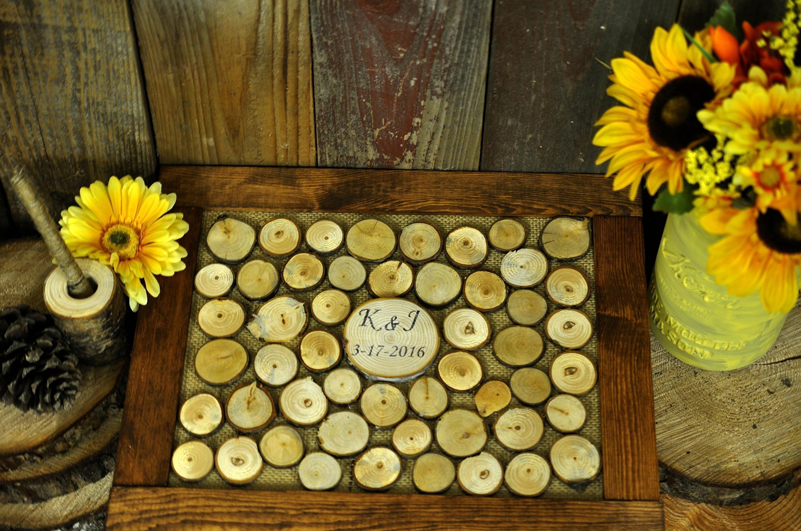 Rustic wedding guest book alternative chestnut frame reclaimed wood slices