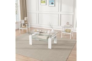 FOUREA 3 Piece Living Room Table Set, Glass Coffee Table and End Table Set of 3, Coffee Table Set with Tempered Glass & Metal Legs for Livingroom Table, Bedroom Nightstand. (Style 2, Clear Glass+White Leg)