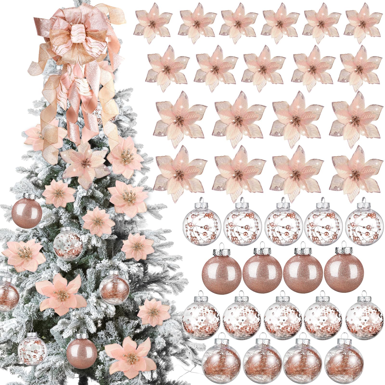 49 Pcs Rose Gold Christmas Tree Decoration Set Include Christmas Tree Topper, 24 Glitter Xmas Flowers 3 Sizes, 24 Pcs 2.36 Inch Xmas Ball Ornaments for Holiday Party Decorations