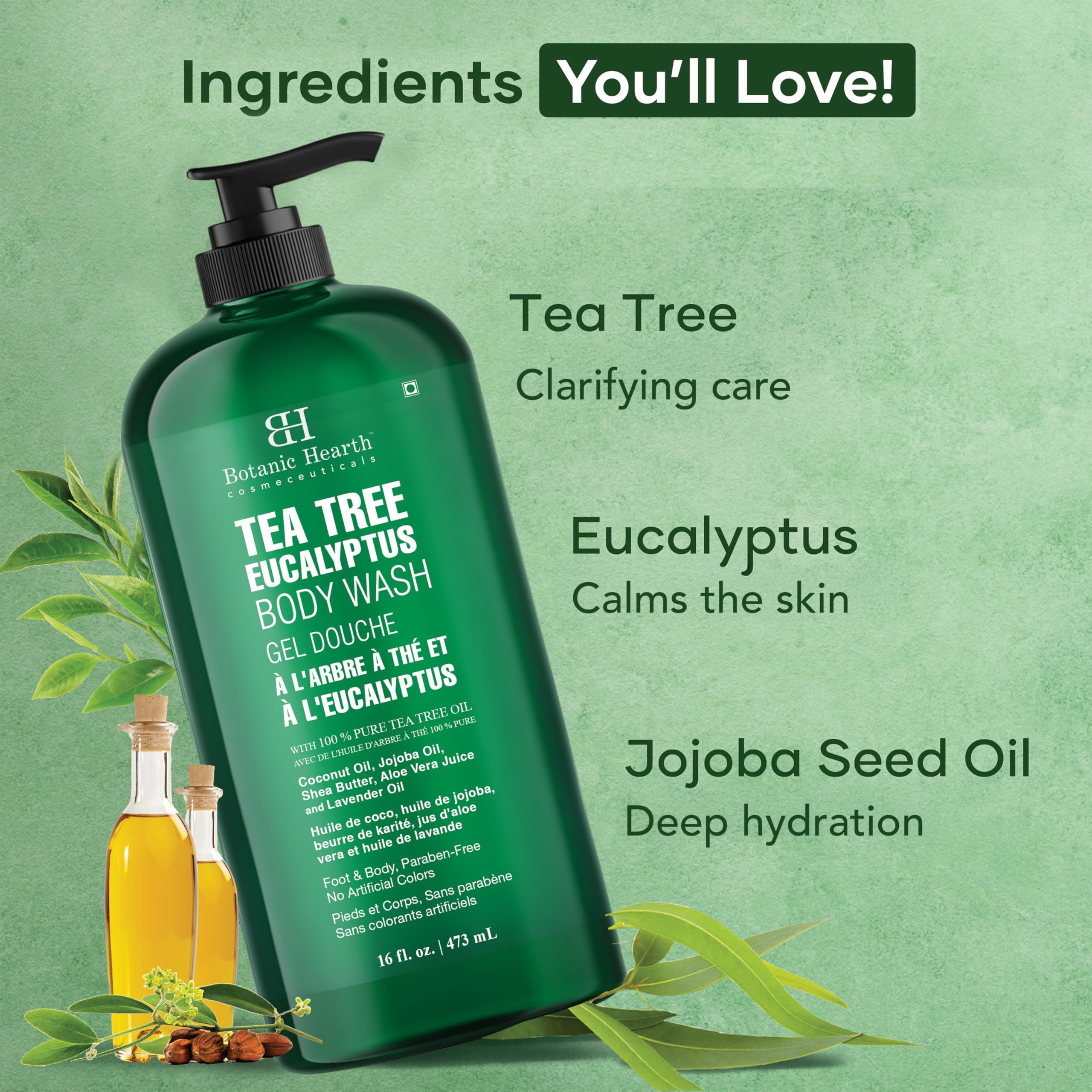 Botanic Hearth Eucalyptus & Tea Tree Body Wash – Refreshing & Invigorating Shower Gel for Men & Women, Helps Soothe Skin, Sulfate & Paraben Free – 16 fl oz