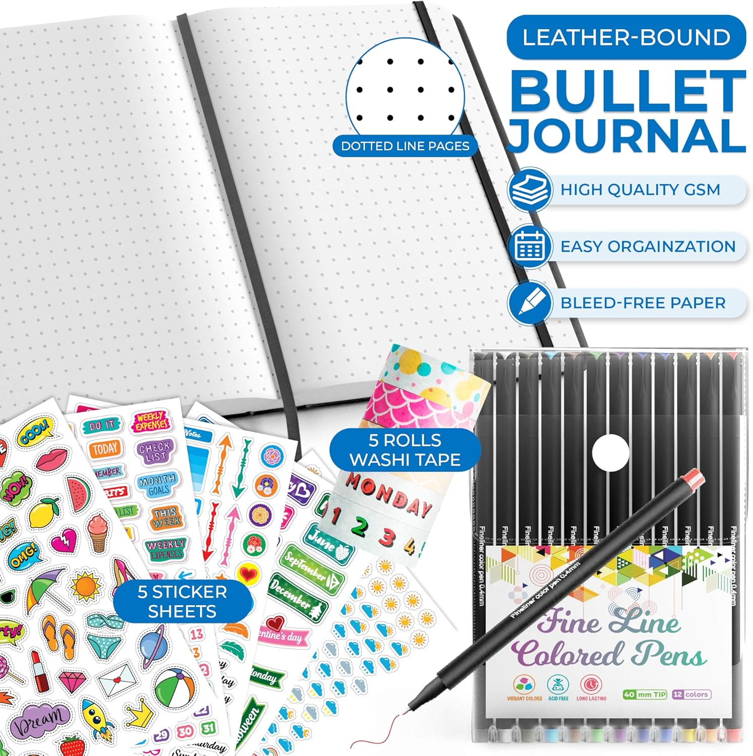 Keff Creation Dotted Journal Kit, Journaling Kit with All Dotted Journal Supplies-Journal case no-Bleed Dotted Notebook, Fineline Colored pens, Stencils, Stickers, washi Tape for Diary Schedule Plan : Office Products