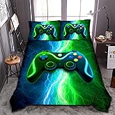 Meeting Story Gamer Gaming Bedding Sets Red Blue Lightnings Gamepad Comforter Set for Boys Games Console Action Buttons Novelty Colorful Modern Room Decor Home Quilt Set (Blue-Green, Full)