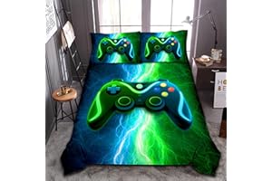 Meeting Story Gamer Gaming Bedding Sets Red Blue Lightnings Gamepad Comforter Set for Boys Games Console Action Buttons Novelty Colorful Modern Room Decor Home Quilt Set (Blue-Green, Full)