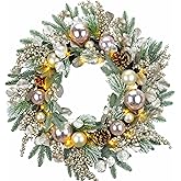 YULETIME 24" Christmas Wreath, Artificial Holiday Wreath with Baubles, Berries, Leaves, Spruce Branches, Snowy Pine Needles (Pink Bauble)