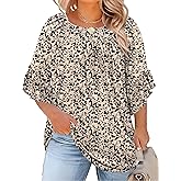 Micoson Womens Plus Size Tops 3/4 Ruffle Sleeve Shirts Crewneck Pleated Blouses Dressy Casual Fashion Tunic Top (1X-5X)