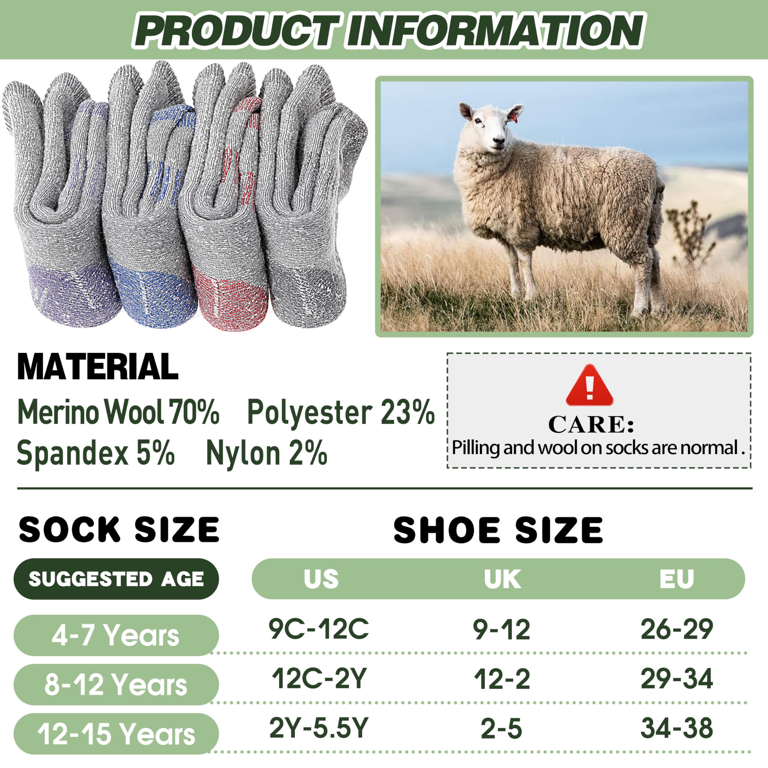 Sandsuced Kids Merino Wool Hiking Socks Girls Boys Toddler Winter Thermal Warm Cozy Boot Thick Cushion Socks 4 Pairs