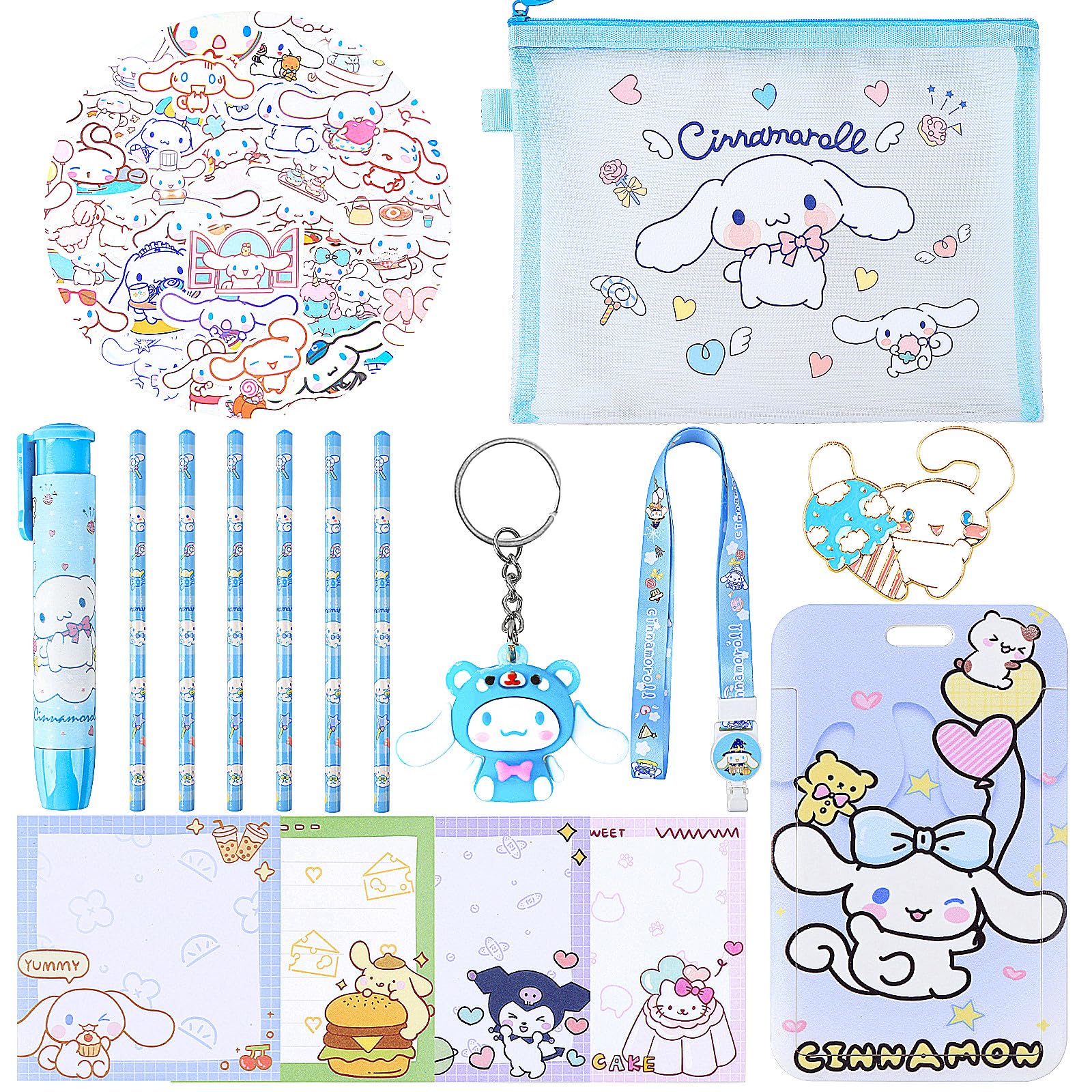 Cute School Supplies, Kawaii Stationary Set, Including Stickers, Pencils, Pen-Style Eraser, Sticky Note, Lanyard with ID Badge, Back to School Gift for Girls Boys Kids