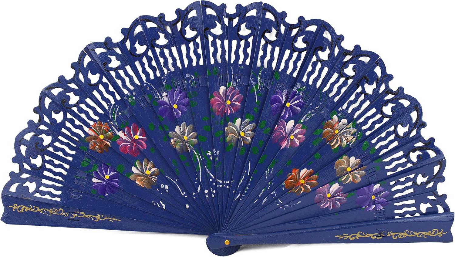 Asian Style Folding Fans Double Sided Wooden Spanish Floral Print Design Hand Fan Party Decoration Gift Idea Indoor Decor (Navy Blue)