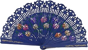 Asian Style Folding Fans Double Sided Wooden Spanish Floral Print Design Hand Fan Party Decoration Gift Idea Indoor Decor (Navy Blue)