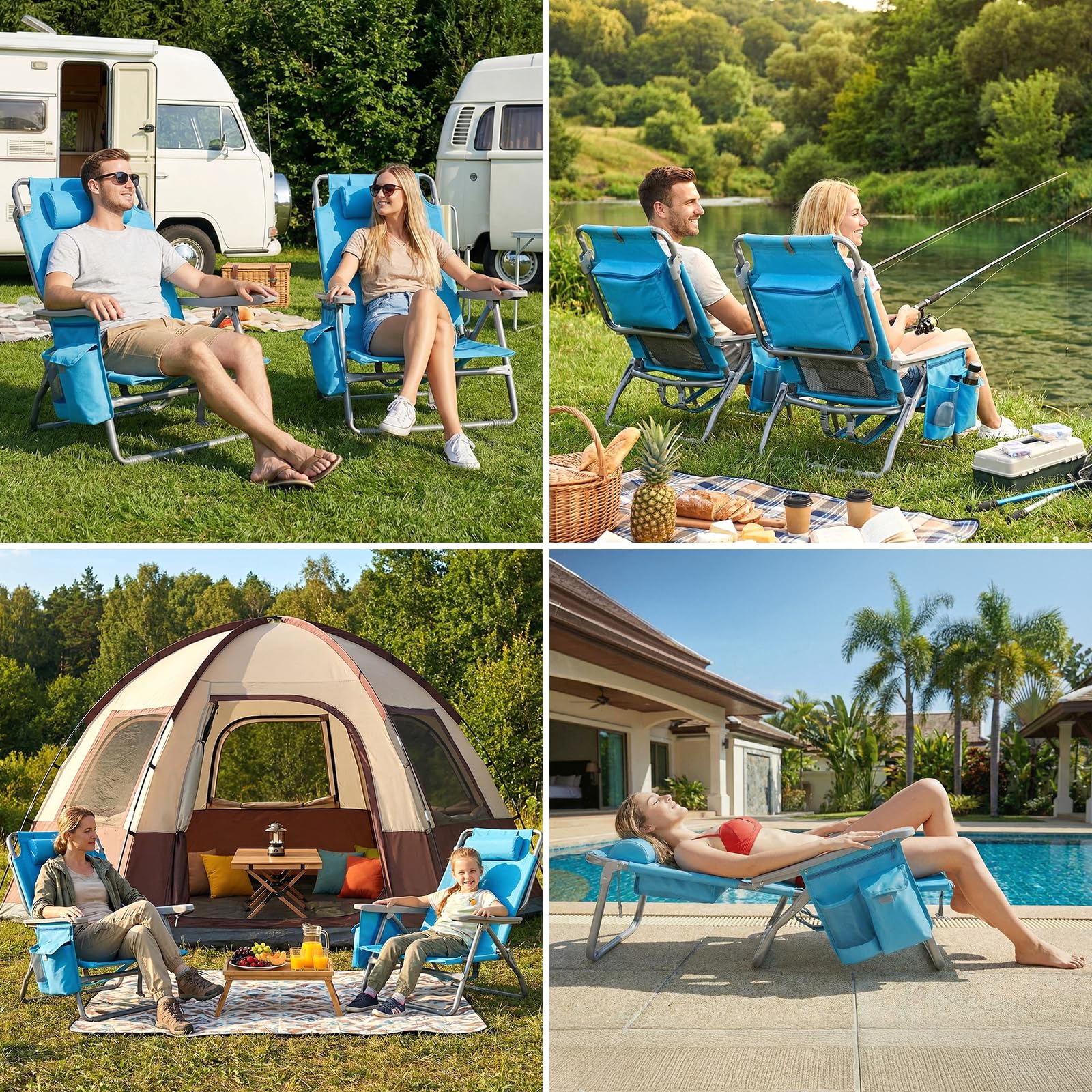 LIFERUN Strandstuhl Klappbar Leicht 2er Set, Rucksack Klappstuhl Strand, Campingstuhl Kann Flach Liegen,bis 150 kg belastbar, Outdoor Faltstuhl mit Verstellbarer Hohe Rückenlehne, Eisbeutel,Blau 8