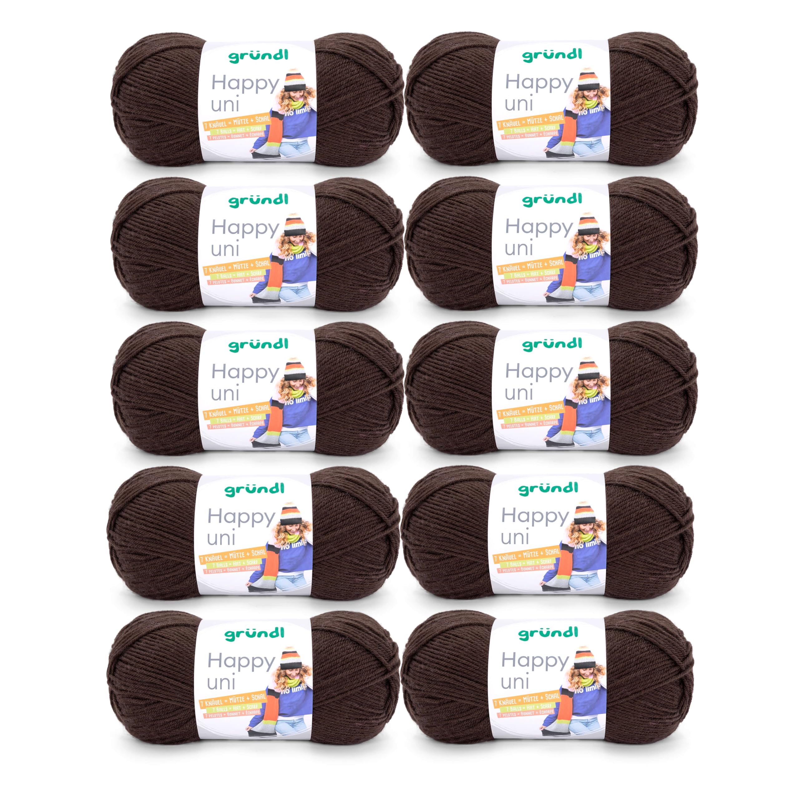Gründl “Happy Uni”, 10x balls of 100 g knitting yarn, 100% acrylic, 40 cm x 39 cm x 9 cm, 100% Polyacrylic, chocolate brown, 40 x 39 x 9 cm