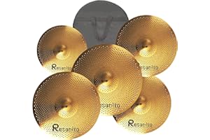 Resanito Low Volume Cymbal Pack Mute Cymbal Set, 14"hi-hat+16"crash+18"crash+20"ride (5 pieces) with FREE Cymbal Bag, Golden