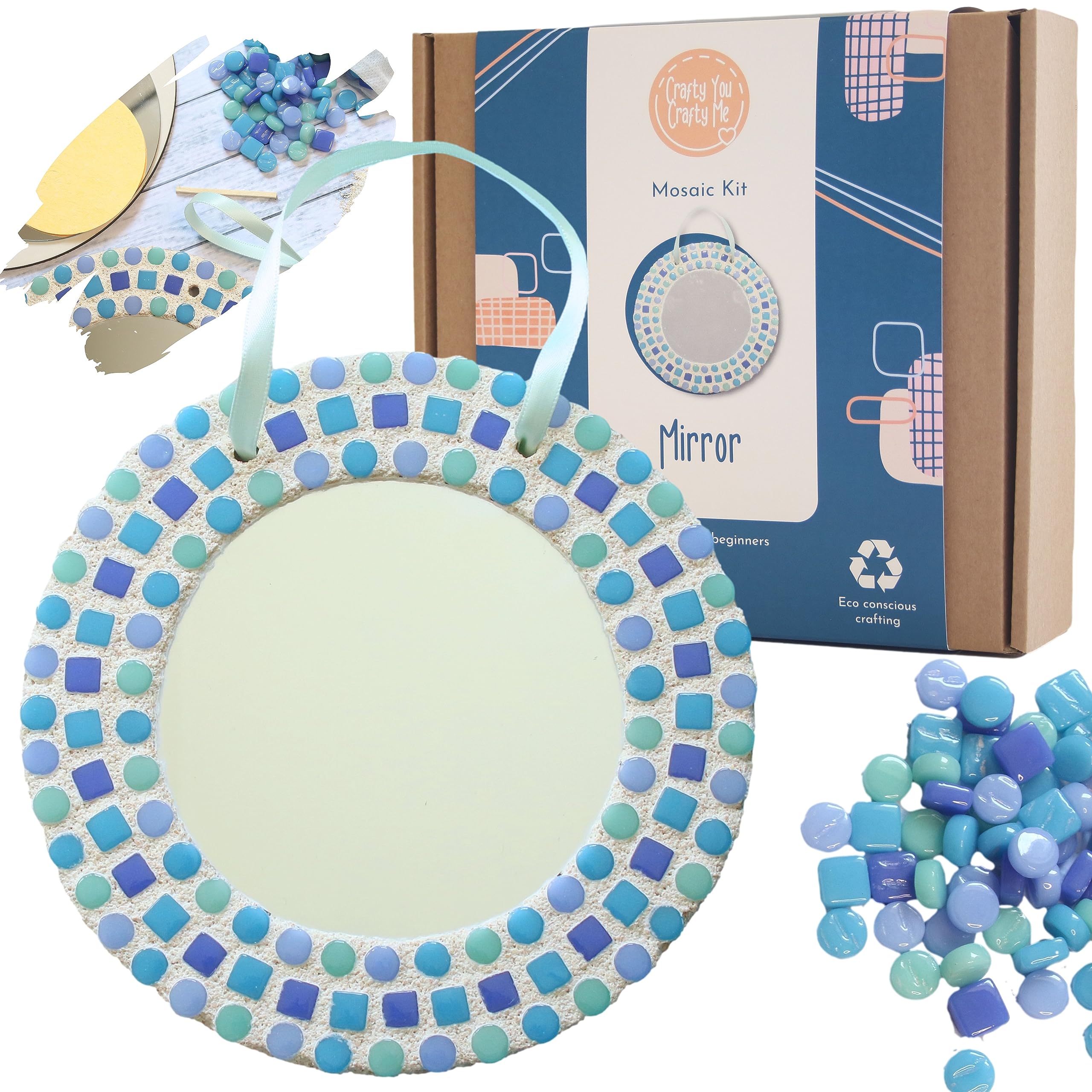Crafty You Crafty Me - Mosaic Mirror Craft Kits, Creative Activity, Arts and Crafts Gifts, Everything Included, Glass Tiles (Blue), Made in UK
