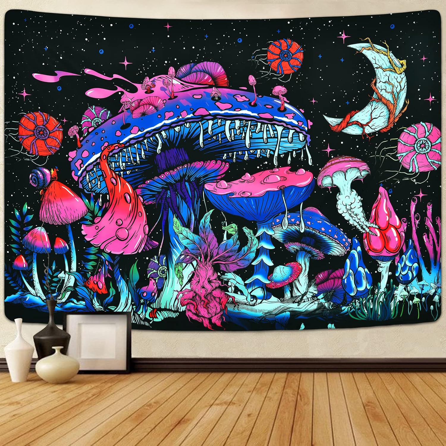 Tapestries - Uspring Mushroom Tapestry Moon and Stars Tapestries Plants Tapestry Starry Night Sky Tapestry Monster Tapestry Wall Hanging for Room (51.2 × 59.1 inches)