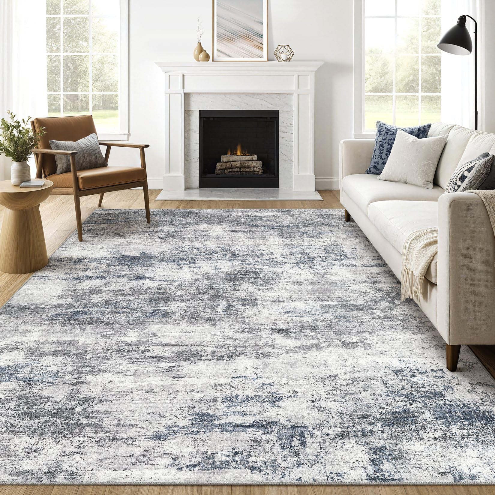 8x10 Area Rugs Living Room: Washable Large Abstract Neutral Modern Soft Rugs Stain Resistant Indoor Floor Non-Slip Accent Carpet for Bedroom Nursery Playroom Office Dining Room Home Decor- Blue Gray Image