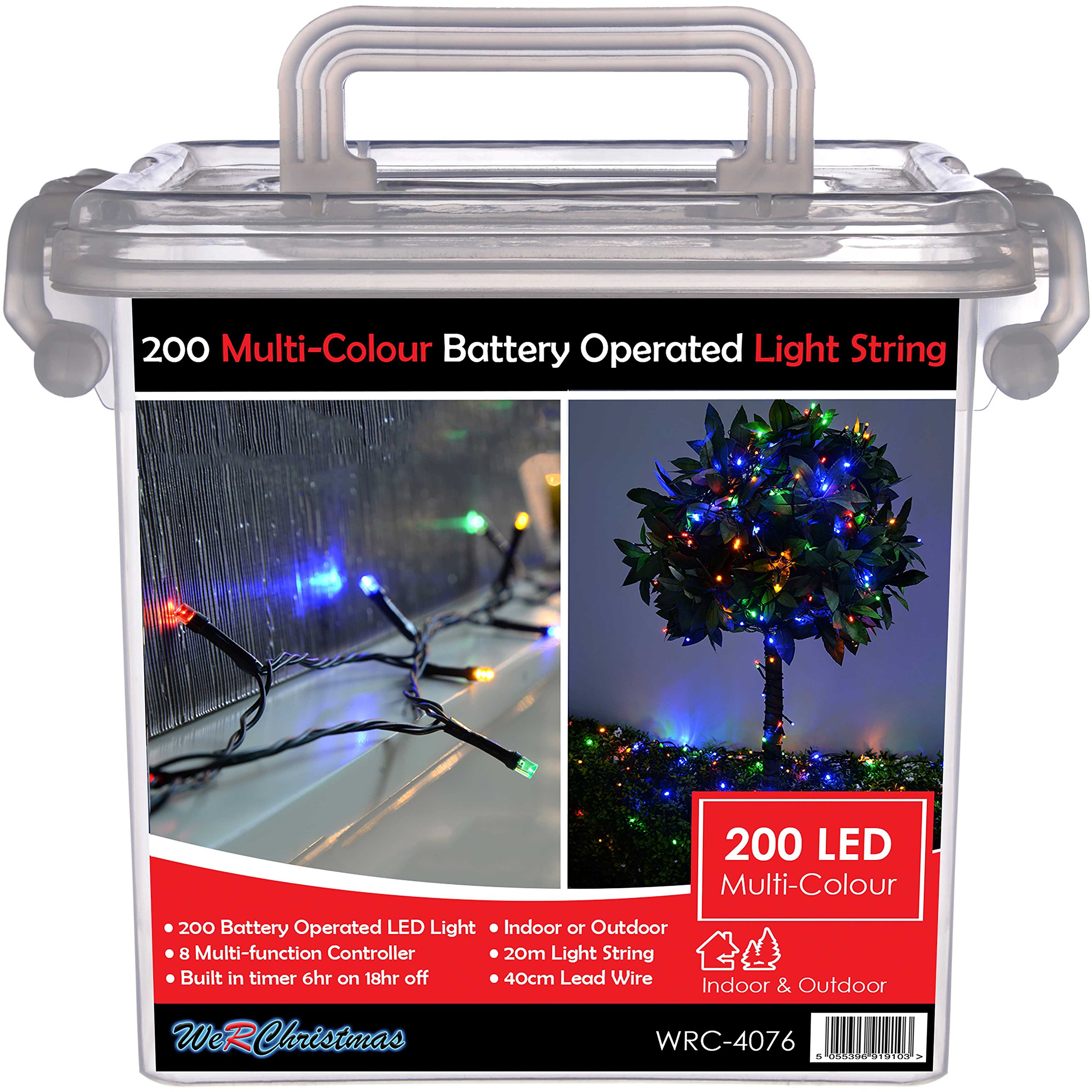 WeRChristmas WRC-4076 Outdoor Battery Operated Multi-Function LED Lights with Timer, 20 m - 200-LED, Multi-Colour