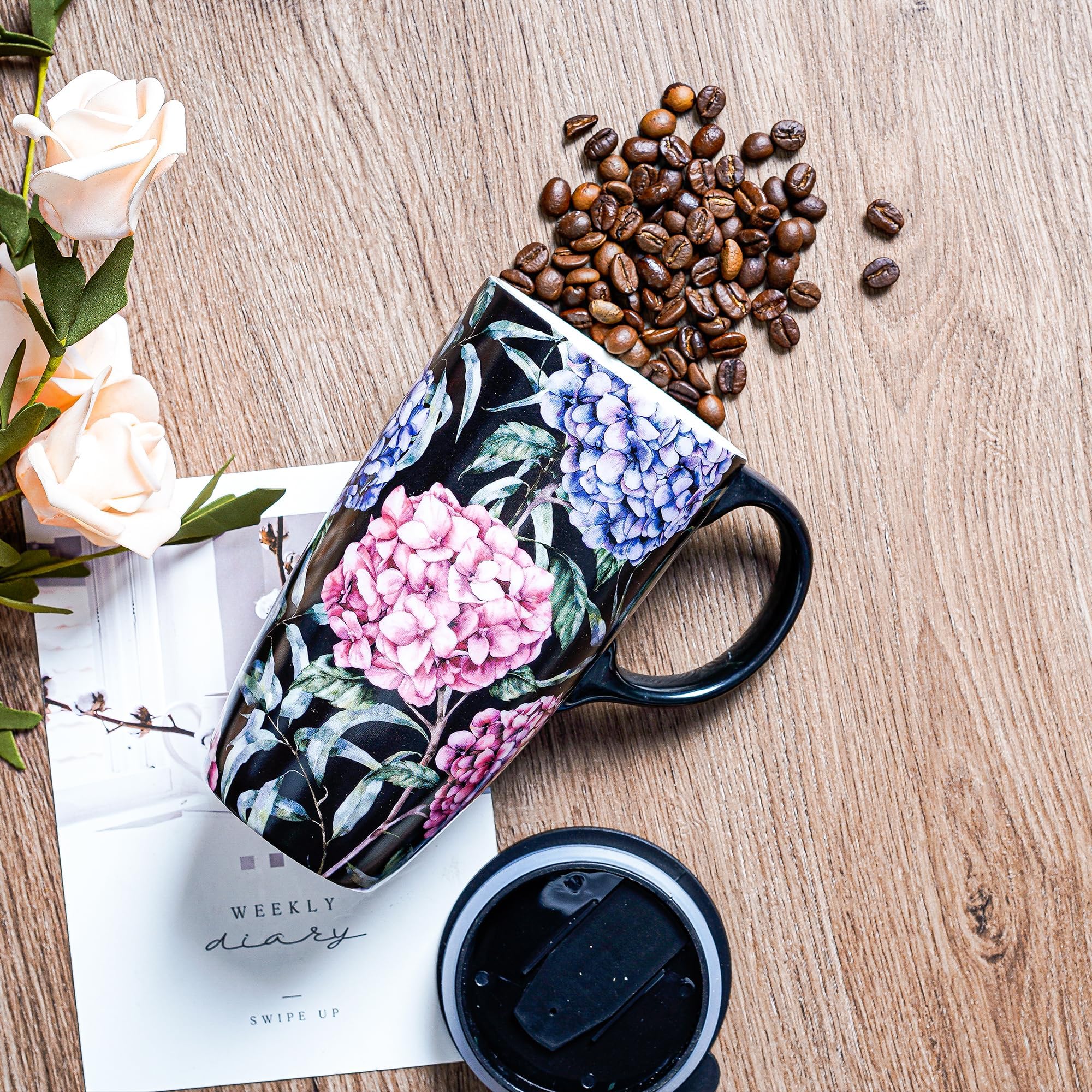 DUSVALLY Leak-Proof Ceramic Travel Mug 17oz - Hydrangea Coffee Cup with Secure Lid, Porcelain Latte Tea Cup with Elegant Gift Box