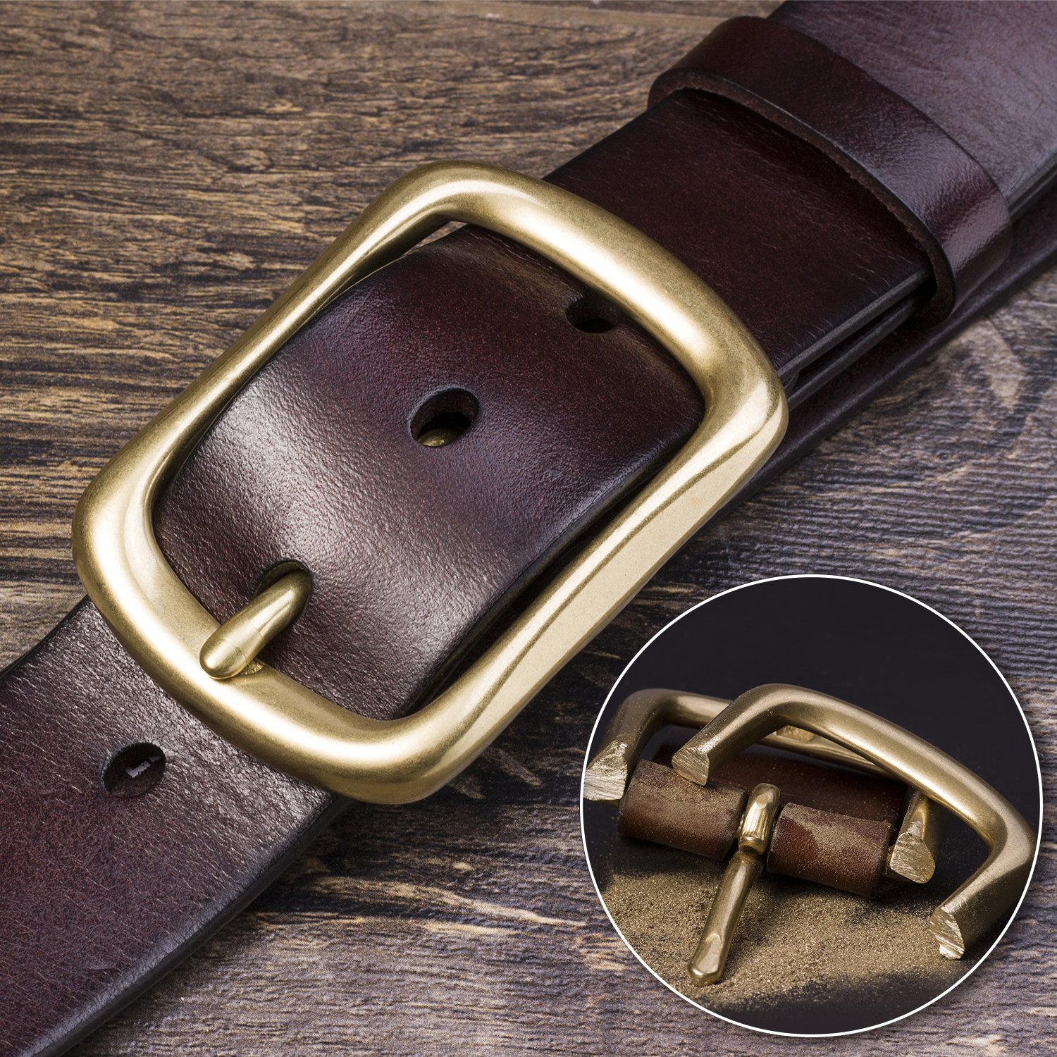Men's Genuine Leather Belts with Solid Brass Gold Buckle, Top-Grain One