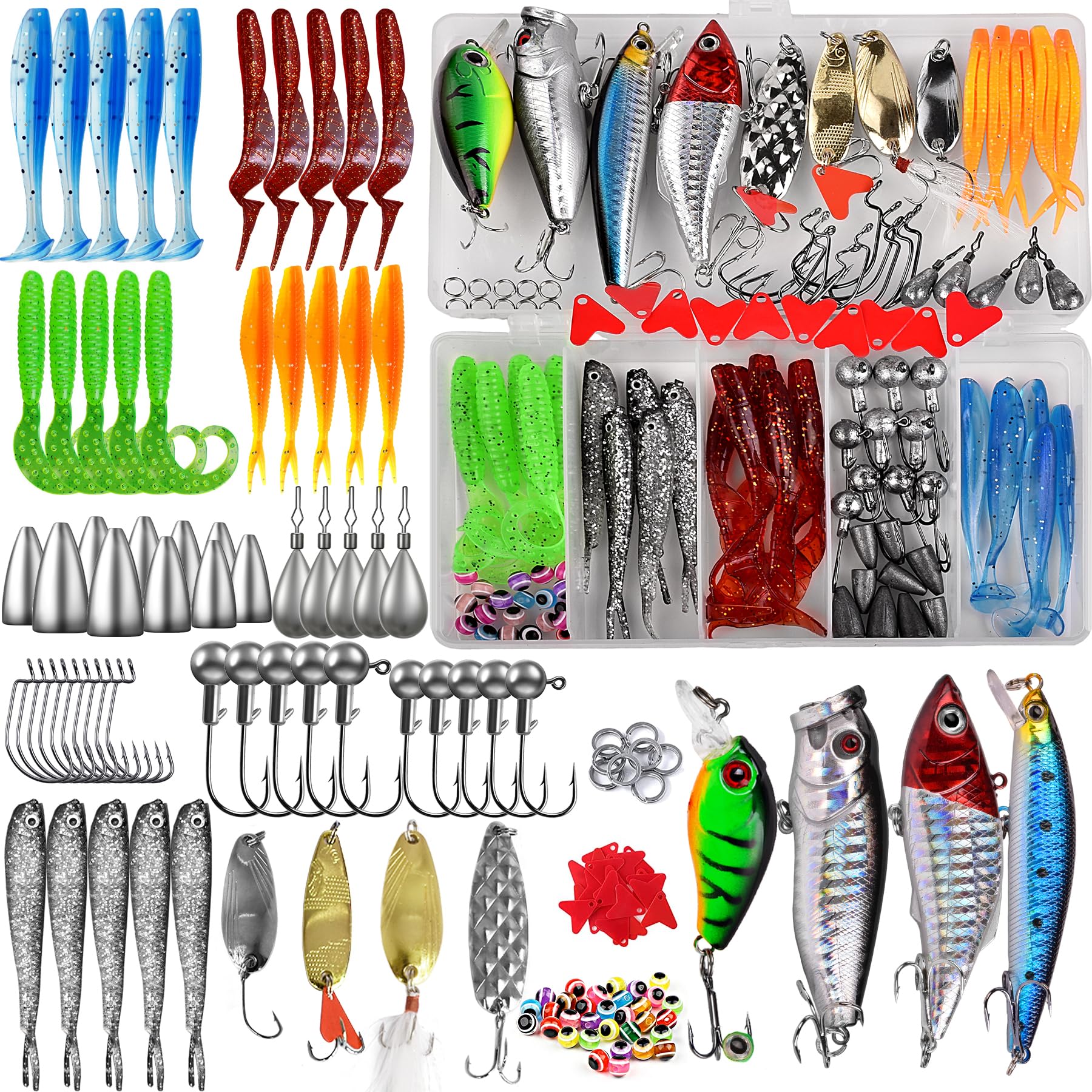 Photo 1 of Fishing Lures Tackle Bait Kit Set - Comprehensive Fishing Lures Kit for Trout Bass Salmon - Includes Plastic Shrimp, Worm Bait, Spoon, and Crankbait Jigs (108)