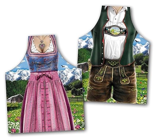 Dirndl + Lederhosen-Trachtenschürze - Lustige Grillschürzen im 2erSet