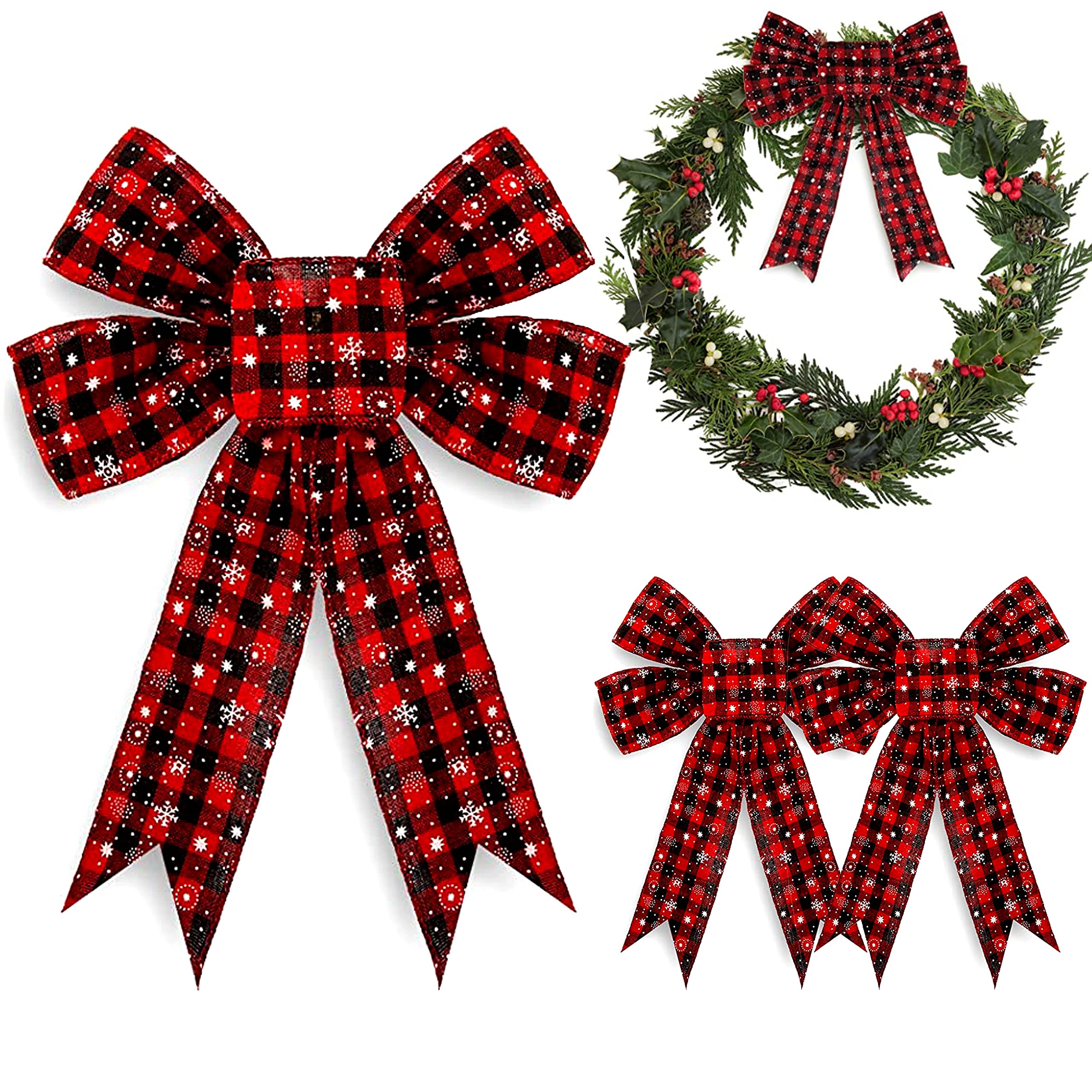 Whaline Large Buffalo Plaid Bows Christmas Wreath Bows 12 x 10in Bows Tree Bows Decoration Burlap Bows for Xmas Party New Year 4pcs, Red