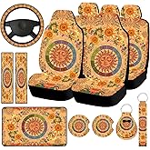 Riakrum 15 Pcs Yellow Sun Moon Sunflower Vintage Boho Car Seat Covers Full Set Steering Wheel Auto Front and Back Seat Protector with Belt, Armrest Cover and Cupholder Pad for Car SUV